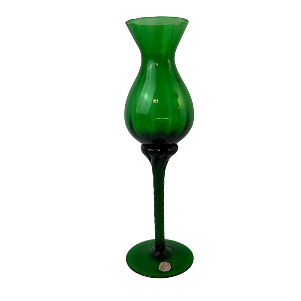Emerald Green Optic Empoli Glass Vase with Twisted Stem Italy MCM Mid Century